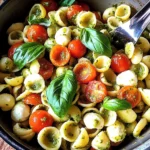 Orecchiette with Cherry Tomatoes, Mozzarella & Basil Pesto
