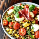 Summer Lentil Salad with Corn, Tomatoes, Mozzarella & Basil