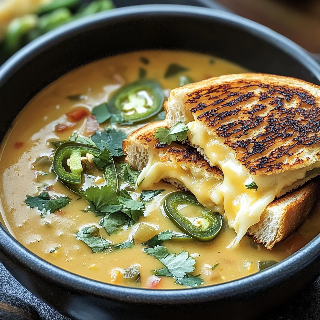 Spicy Jalapeño Popper Soup with Grilled Cheese Dippers