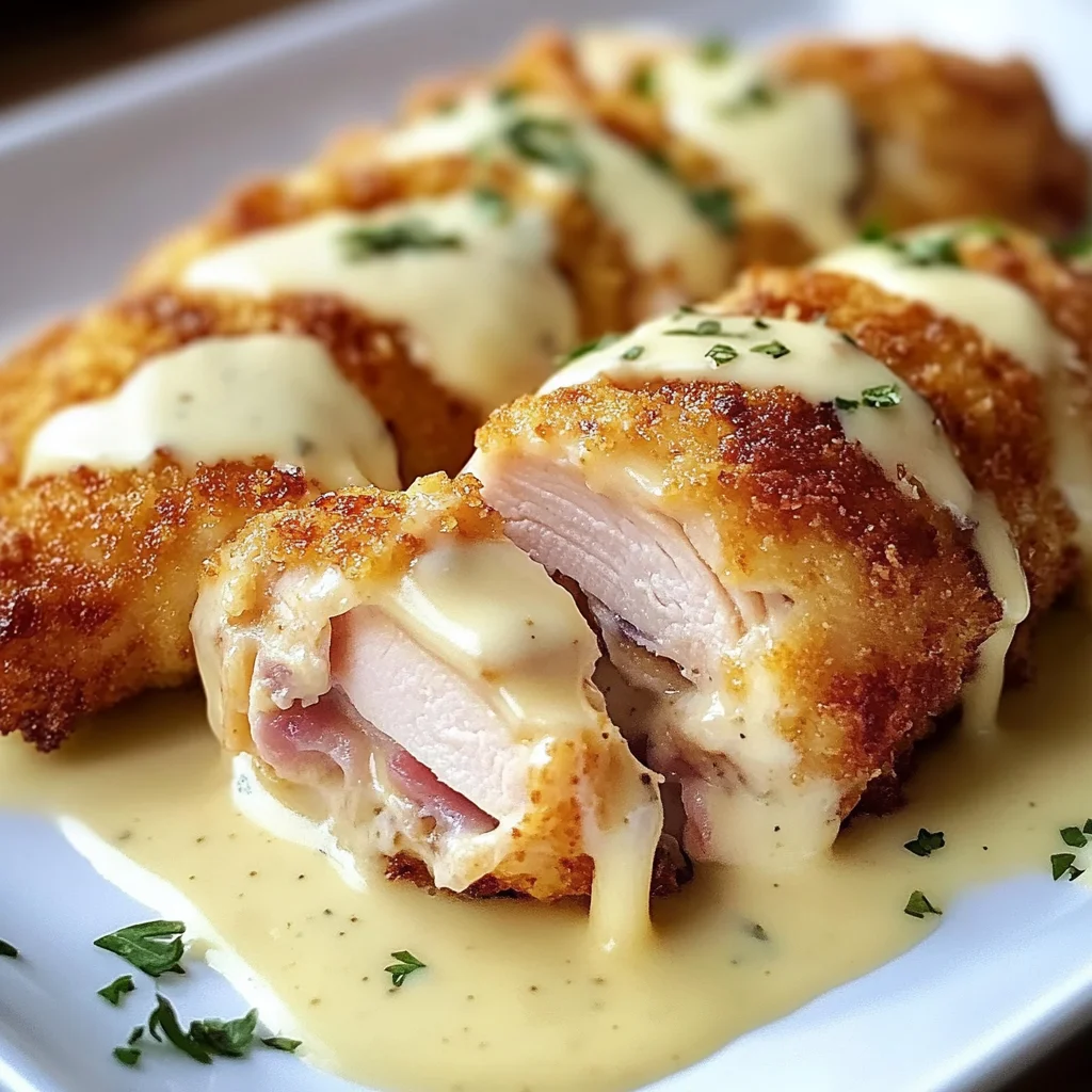 Chicken Cordon Bleu with Swiss Cheese Sauce is delicious.