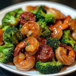 Honey garlic shrimps, sausage and broccoli