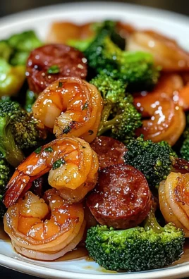 Honey garlic shrimps, sausage and broccoli